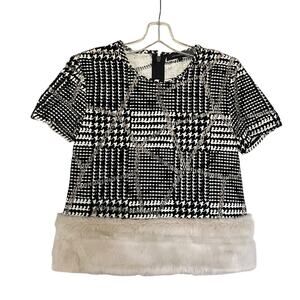 Katharine Kidd Black Tweed Houndstooth Plaid Faux Fur Trim Top Women’s Size 6